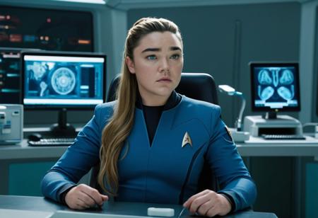 Florence pugh in blue star trek uniform.
Sitting in chair at desk in high tech medical suite.
Serious look.
Three quarter look.
Stethoscope around neck.
High tech images of human anatomy on screens.
 Large room with electronic equipment around walls.
Electronics cover walls.
Other female crew members in background.