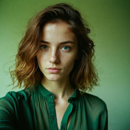 (Soft Lighting Photography by Mimoza Veliu and Mario Giacomelli:1.2), NSFW, Mirror selfie, a 18 year old gorgeous girl , slight smile , detailed skin face and eyes , natural lighting , at home , long messy auburn hair, see-through loose dark green blouse, cleavage, film grain, low contrast, natural face , freckles , piercing light green eyes, innocent, aroused, sexy, erect nipples visible under blouse,