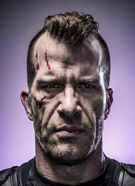 <portrait of sks person as punisher, masculine, epic > (photo, studio lighting, hard light, matte skin, pores, colors, sony a7, 50 mm, hyperrealistic)