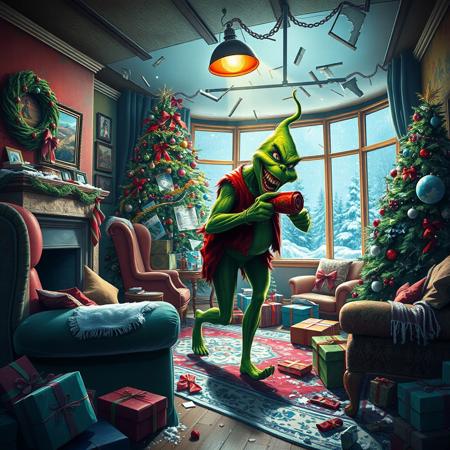masterpiece,best quality,amazing quality, big colorful living room, broken christmas decorations, big broken christmas tree, broken window, broken sofa, destroyed gifts, messy, disorganized, cold air with snow enters through the broken window, unlit fireplace, a swinging spotlight hanging from the ceiling 
Santa Claus hiding behind an armchair with dirty and torn clothes dirty face tired breathing deeply holding a candy bar as if it were a gun, big green grinch savage monster big fangs saliva dripping from mouth walking searching sniffing red eye hunched position