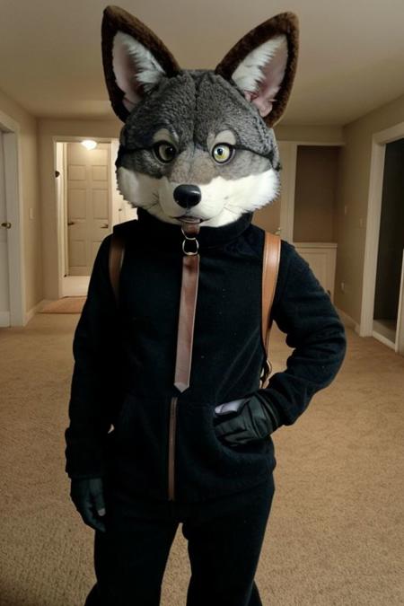 furry, wolf, big eyes, fur collar, paw gloves, large tail, animal collar, fluffy, curvy, chuchumy, (red fur, orange fur, yellow fur:0.5), solo, no humans, looking at viewer, cuteg, fursuit, Fursona, (simple black background:0.3), big ears