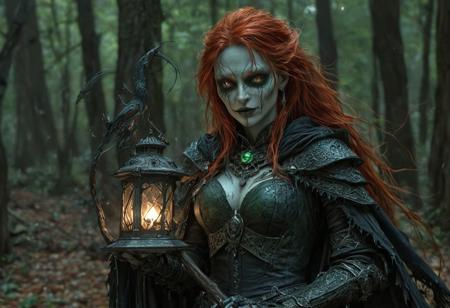 score_9, score_8_up, score_7_up, score_6_up, score_5_up, score_4_up,<lora:Fant5yP0ny:0.8>, solo, 1woman(Human, Pretty, tall, Long red hair, green eyes, Goth makeup) Librarian warrior, carrying a spooky lantern, grim smile,
Cowboy shot, Outside, fantasy woods.  dynamic lighting, daytime, FastNegativeV2
