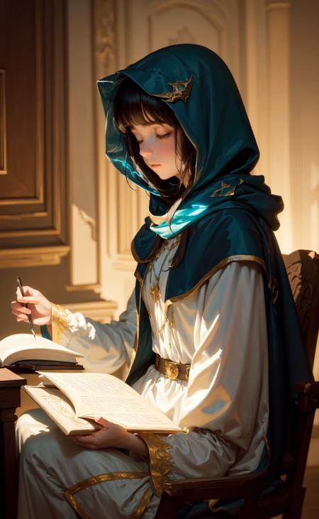 masterpiece, best quality, John Singer Sargent, young sorceress studying, hood up, moody lighting, tranquil, calm, glow, glowing, mystical, magical, rim lighting