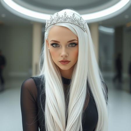 Beautiful women's futuristic white hairstyle. This hairstyle is extremely long and flowing with a specific futuristic flair. The hair is pure white, with silver futuristic sleek tiara. The hair is high class and fancy, but tasteful, and is from the far future.