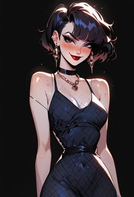 (score_9, score_8_up, score_8:1.2), ((solo)), beautiful mature mother, (pale white skin:1.2), freckles, blushing, (black short hair:1.2), black eyes, red lipstick, dark eyeliner, black necklace, large ring shaped black earing, smug smile, looking at viewer, small breasts, tight waist, slim feminine body, small hips, round ass, cute, eyelashes, fishnet stocking dress, black background, middle body focus, fully body shot