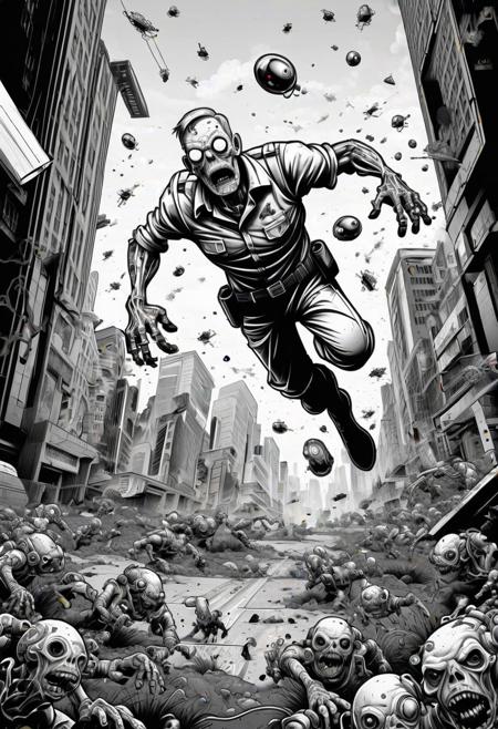 A captivating vector art poster featuring a comical black & white ink drawing of a zombie cyborg falling towards the ground amidst a sci-fi world teeming with unique creatures in his quest. Artistic style reminiscent of classic comic book illustrations or MAD Magazine humor. Trending on ArtStation.