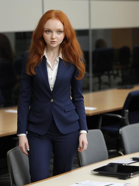 lilyCole01 wearing a conservative 3-piece suit in a company boardroom presenting
