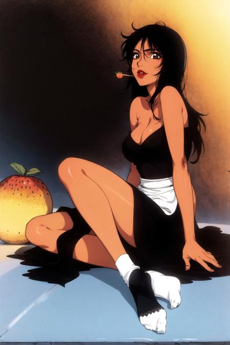 1girl, bare shoulders, black hair, breasts, cleavage, dress, fire, food, lipstick, long hair, makeup, orange \(fruit\), rose, socks, solo