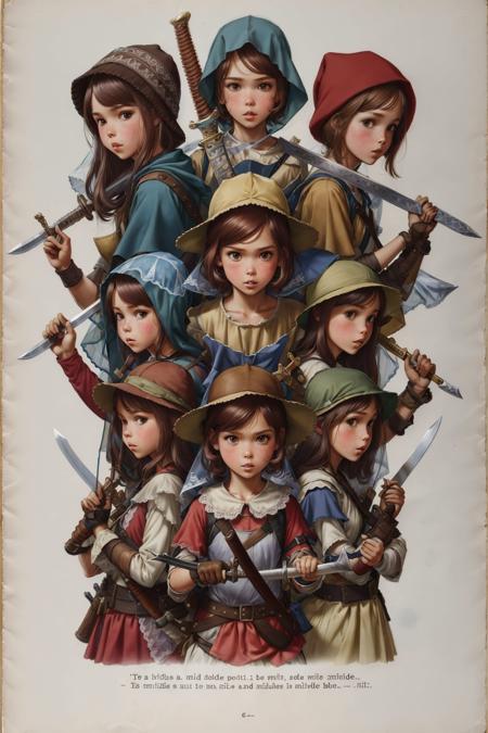 marlier, 
marlier, multiple girls, brown hair, hat, weapon, multiple boys, sword, 6+girls, parody, instrument, child, veil, fine art parody,
<lora:Marcelmarlier-04:0.8>