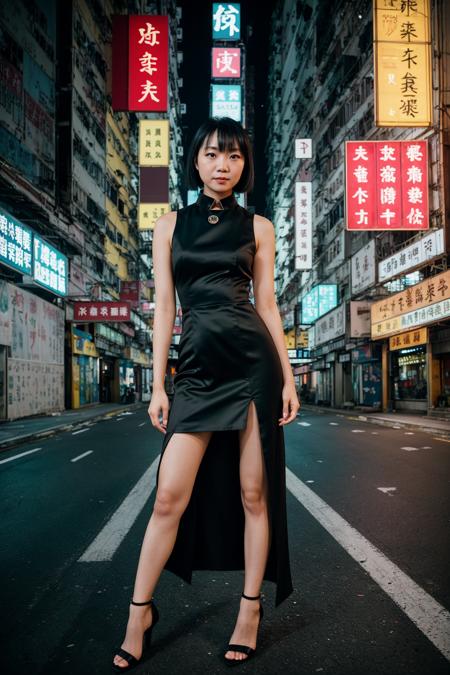 A night Hong Kong street,
a well lit adult woman poses wearing a full dress with a high collar and side slit, a leg aside, high heels,
depth of field, film grain, high quality analog photo, professional shot
