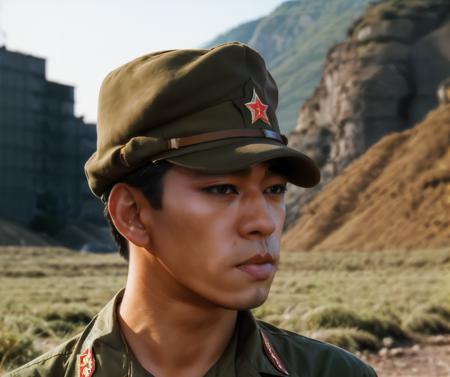 portrait of handsome man ryuichi sakamoto, wearing an imperial japanese army military uniform, world war 2 archive photo, rugged soldier, field cap, (masterpiece, best quality:1.2), solo, analog style, 50 mm, hyperdetailed, hyperrealistic, radiosity, photon mapping, (cinematic:1.3), film still, intense expression, grasslands, military camp background, dof, (award winning dark lighting:1.2), award winning natural makeup, dark atmosphere, (brown eyes:1.3) <lora:diffusiondesign_Sakamoto_LoRA_v1-12:0.9>