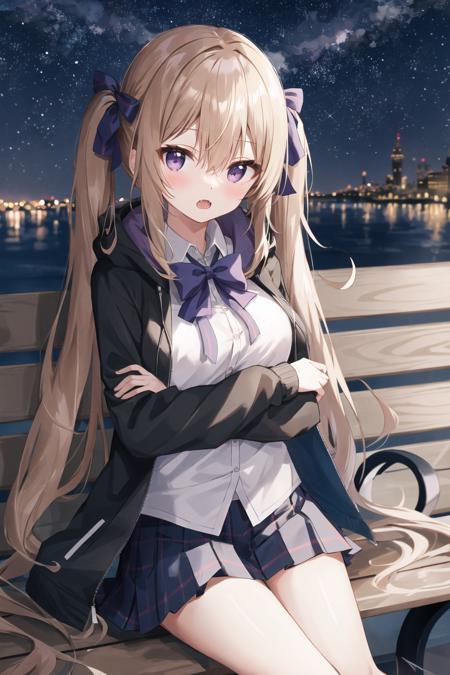 1girl, purple eyes, blush, long hair, twintails,  solo focus, brown hair, bow, bangs, hair between eyes, blue bow, nose blush,  light blush, :o, fang,  very long hair,  breasts,  blonde hair,  fangs,  outdoor, night, street, starry sky, bench, sitting
, hooded jacket, casual,dark night ,night sky, arm hug, open jacket, pleated skirt,