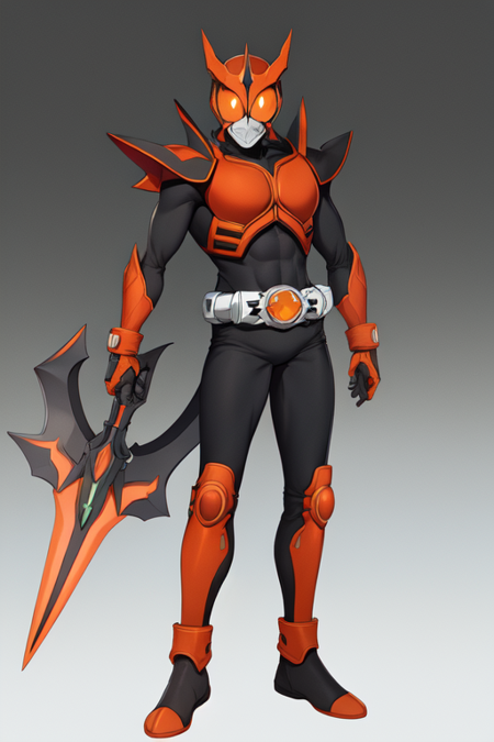 full body, solo, (Orange armor:1.2), black bodysuit, (Orange eyes:1.2), (club /(weapon/):1.2), (holding club /(weapon/):1.2), helmet, tokusatsu, belt