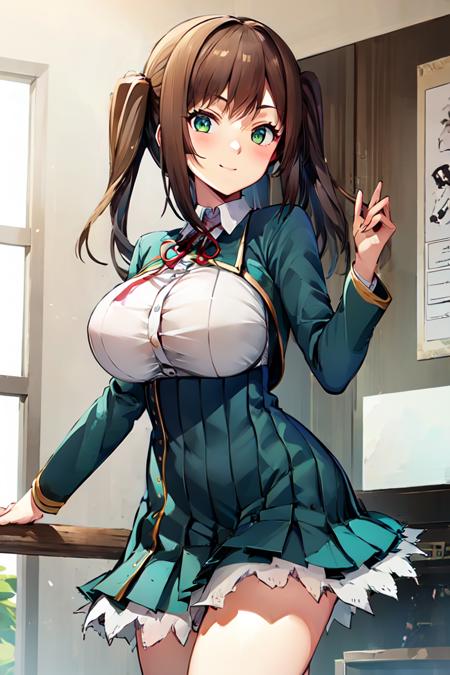 1girl, koichoco school uniform, green jacket,  large breasts,  breasts, brown hair, short twintails,  short hair, smile , cowboy shot,   <lora:koichoco-v1:1.1>