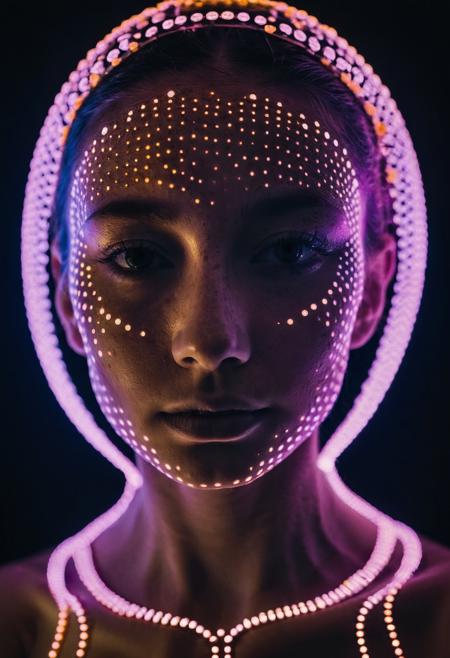 Portrait of a young woman with skin adorned in glowing, fluorescent carbon dots, reflecting a futuristic and ethereal beauty.