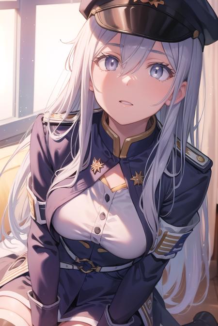 vladilenamilize, <lora:vladilenamilizetest:1>,
vladilena milize, (grey eyes:1.5),  grey hair, hair between eyes, long hair, ahoge,
BREAK blue headwear, blue jacket, blue skirt, hat, jacket, military, military hat, military uniform, peaked cap, shirt, skirt,  thighhighs, uniform, white shirt,  white thighhighs,
BREAK looking at viewer,
BREAK indoors, classroom,
BREAK <lora:GoodHands-vanilla:1>, (masterpiece:1.2), best quality, high resolution, unity 8k wallpaper, (illustration:0.8), (beautiful detailed eyes:1.6), extremely detailed face, perfect lighting, extremely detailed CG, (perfect hands, perfect anatomy),