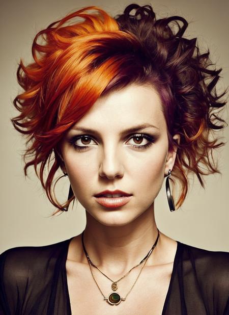 portrait of sks woman by Flora Borsi, style by Flora Borsi, bold, bright colours, orange Mohawk haircut, ((Flora Borsi)), <lora:locon_britney_v1_from_v1_64_32:1.3>