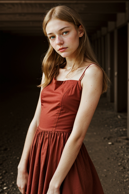 EllaRattigan, Parisienne dress, feminine pose, well-lit wooden structure, abandoned Wild West ghost town, late afternoon, colorful red orange yellow light, very emotional camera angle, medium format camera, in the style of (Life Magazine)