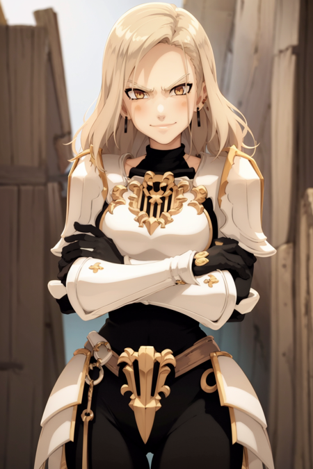 masterpiece, best quality, kisara, 1girl, blonde hair,  long hair,  yellow eyes, armor, bodysuit, crossed arms, earrings, gloves,looking at viewer, shoulder armor, smile, solo, upper body, simple background <lora:Kisara:0.8> <lora:WakfuStyle:1>