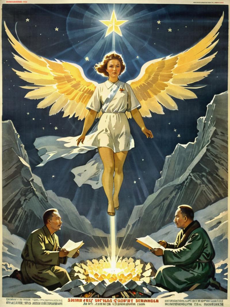 A Religious Poster of an Angelic Figure with Two Men Looking Up at Her.