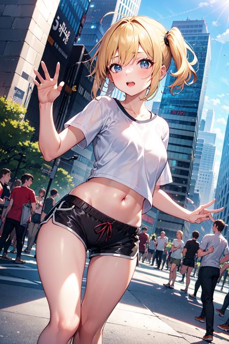 masterpiece, best quality, short hair, blonde hair, side ponytail, shirt, navel, shorts, outdoors, cityscape, dynamic range, (dynamic pose:0.8), crowd,