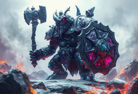 In an epic, highly detailed 8k image with a white color palette, the Acid Golem of Destruction, a purple steampunk monster, stands on a Land of Frozen Flames. Adorned with blue and gray accents, the golem holds a gray Edge Hammer and Spirit Shield, embodying anticipation and readiness. The image features vibrant colors, sharp lines, and a dynamic action pose, set against a harmonious backdrop of contrasting flames. This captivating, trending ArtStation illustration is a blend of Raphael and Houdini styles, exuding vivid emotions, cinematic quality, and a powerful message.