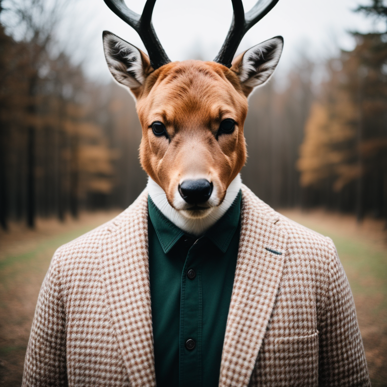 RAW photo, animal, a portrait photo of [man:deer:2] humanoid in clothes, face, 8k uhd, dslr, soft lighting, high quality, ...