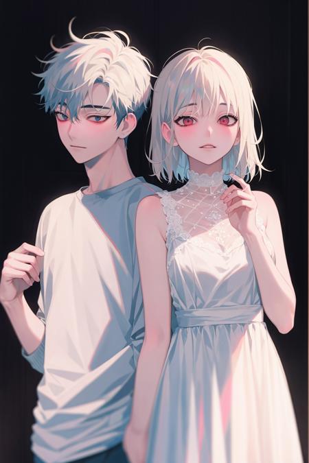 masterpiece, best quality,   <lora:fstyle04:1>,fstyle04, 1boy,1girl,blonde hair, white hair,short hair,long hair,simple background,