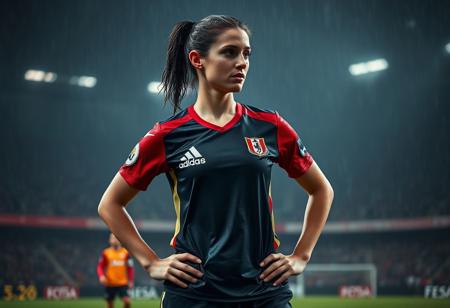 A photorealistic masterpiece of an athletic German female, 25 years old. She has black hair, tied back. She is playing soccer in a dark, wet stadium. She is soaking wet though both sweat and rain, her face is red through exertion. It is towards the the end of the game, she is stood with her hands on her hips