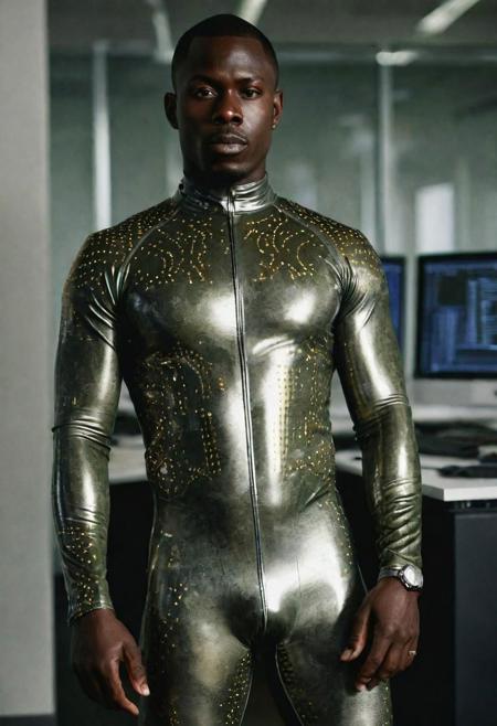 a husky strong 28-year-old senegalese male with short military haircut, man, glazed face, wearing a skin tight gray and olive-green latex full bodysuit with silver and gold electronics circuits patterns, (((wearing a silver latex shorts))), inside  a office, detailed skin face and eyes, natural lighting ,  film grain, low contrast, natural face,  dark circles under eyes