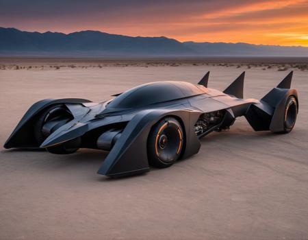 ([Ferrari : Skeletal Batmobile : Batmobile:0.33]:1.1), (outdoor photo of a futuristic cyberpunk style symmetrical car with matte marble paint job:1.1), [angular:smooth:0.5], (detailed wheels:1.1), (dim sunset:1.2), (sharp focus:1.2)