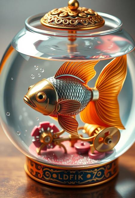 "Illustrate a vibrant, hyper-realistic image of a mechanical windup toy goldfish in its fishbowl, with intricate details and textures that seem to leap off the page. The goldfish is a beautifully crafted, mechanical toy with shimmering metallic scales and a delicate, gear-driven tail that seems to flutter with life. The fishbowl is a colorful, ornate container with intricate etchings and a delicate, filigree-style lid. The surrounding water is crystal clear, with subtle ripples and distortions that seem to reflect the light in a mesmerizing dance. The mechanical workings of the windup mechanism are visible, with delicate gears and springs that seem to pulse with energy. The overall effect is one of whimsical, nostalgic charm, as if the mechanical goldfish is a beloved childhood toy come to life." highest-Quality, intricate details, visually stunning, Masterpiece