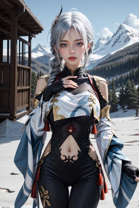 <lora:Shenhe_remake:0.85>, shen_he_(genshin_impact), (hand on breasts), 1girl, (black bodysuit), (hair ornament), white hair, (braid ponytail), black sleeves, breasts curtain, jewelry, hip vent, shoulder cutout, navel, (upper body:0.7), standing, (masterpiece, high quality, best quality), (colorful),(delicate eyes and face), volumatic light, ray tracing, bust shot ,extremely detailed CG unity 8k wallpaper,solo,outdoors,
Swiss Alps Majesty, Alpine Lakes, Quaint Villages, Verdant Meadows, Snow-Capped Peaks, Tranquil Valleys, Pristine Glaciers, Chalet Charm, Mountain Serenity, Scenic Funiculars