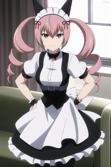 (masterpiece), high quality, detailed background, 1girl, solo,
<lora:SteinsGateFaris-v1-06:0.75>, Chopiofaris, pink hair, twin drills, long hair, brown eyes, (looking at viewer:1.3),
outfit_1, fake animal ears, maid, maid headdress, detached collar, short sleeve, wrist cuff, apron, black pantyhose,
living room, standing, smile, hands on hips, leaning forward,