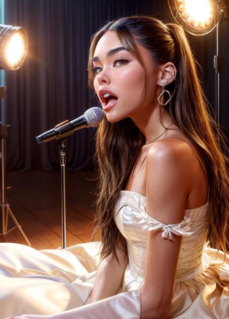 masterpiece, best quality, highest quality, perfect anatomy, perfect face, perfect eyes, 4k, hyper realistic,  (detailed skin:1.1), <lora:madisonbeer_smf_lora_01-000003:0.9>, realistic, 1girl, madisonbeer-smf, scenary, singing, people, studio light, princess dress, white dress