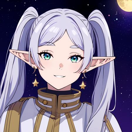 ((masterpiece)), (best quality), highres, ultra-detailed,
frieren, 1girl, aurora, bangs, city lights, constellation, crescent moon, desert, earrings, earth \(planet\), elf, fireflies, fireworks, full moon, galaxy, grey eyes, hoop earrings, jewelry, light particles, long hair, milky way, moon, moonlight, night, night sky, parted bangs, planet, pointy ears, robin \(fire emblem\), shooting star, sky, snow, snowing, solo, space, space craft, star \(sky\), starry background, starry sky, starry sky print, tanabata, tanzaku, twilight, twintails, upper body,  white capelet, smile, green eyes, <lora:Frieren:0.8>