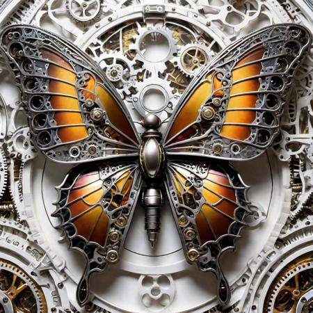 close up of an extremely detailed steampunk butterfly on white background, colorful wings made out of intricate gears and valves and microchip silicon, body is silver polished metal, high-quality steampunk art, by H.R. Giger, by Dan Matutina, intricate details, sharp focus, beautiful, stained glass panels, intricate metallic textures, dramatic spotlight effect