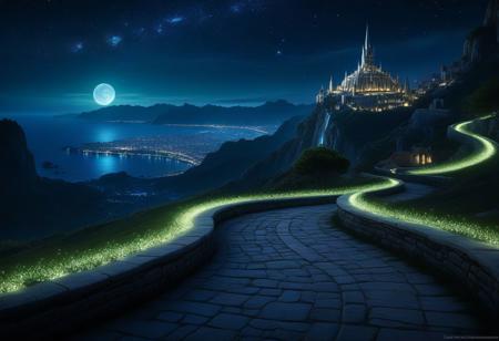 At night in the foreground is an intricate stone path curving downwards down a mountain towards the large coastal city in the background. Green shimmering fireflies sparsely line the path towards the city in the background that is built from white stone, with organic, flowing architecture illuminated by soft silver night light from the high rooftops. Crystals throughout the city emanate a gentle white glow, while heavy shadows darken the streets which are sparsely lit. The night sky is filled with the vast Andromeda galaxy. The streets are empty, adding to the serene, mystical atmosphere. The wonderfully constructed buildings spire in a grandiose show of power. It's part castle part city.
(Cinematic composition, moody lighting, soft glow, epic fantasy setting, volumetric light, hyper-detailed environment, intricate textures, dramatic shadows, ultra-sharp focus, depth of field, stunning visual aesthetics, highly immersive scene, award-winning fantasy art style).