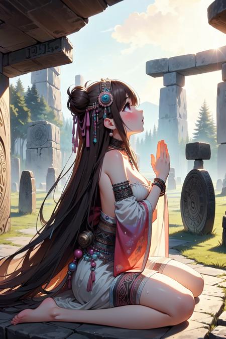 ((ancient altar)), ((looking up)), ((hands together)), crying, druid shaman bra, see-through sleeves, ethnic attire, jewelry, choker, hair ornament, hair flower, floating hair, earrings, gem, beads, pearl, bracelet, necklace, stonehenge, gradient colorful cloudy sky,