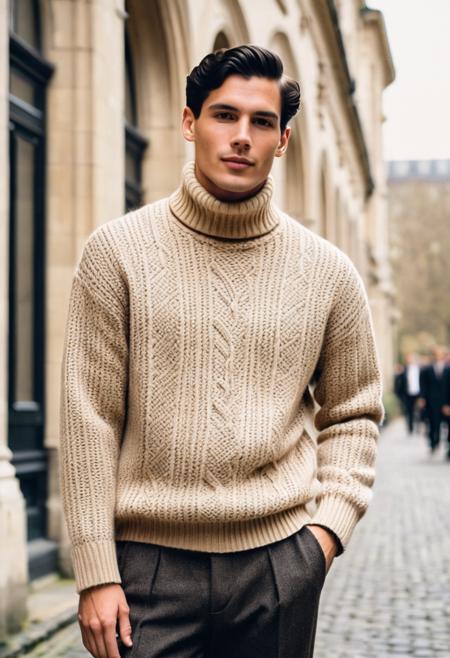 raw photo, half body photo,beautiful man, 25 y.o. , black hair, preppy style, oxford cloth, oversized turtleneck sweater with braid pattern, retro trousers, beige long coat, loafers, looks at the camera, elegant, confident, real photo, university in the photo, grainy old photo