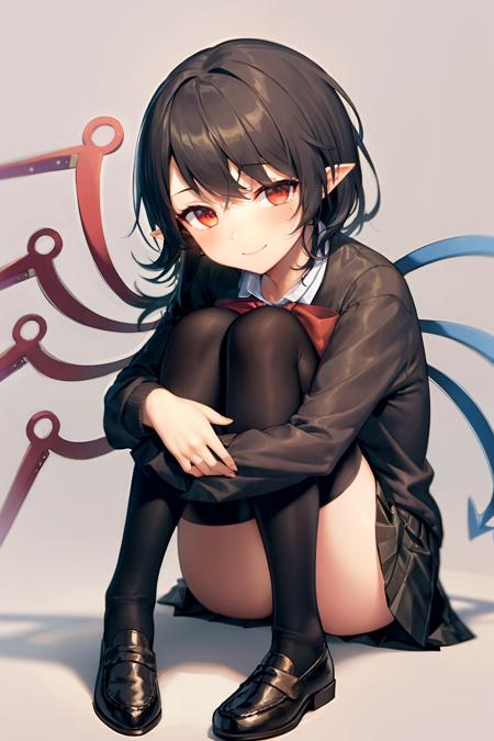 houjuu nue 1girl, black hair,short hair,red eyes,red bow,short sleeves,wristband,snake,,black dress,black thighhighs,asymmetrical wings,