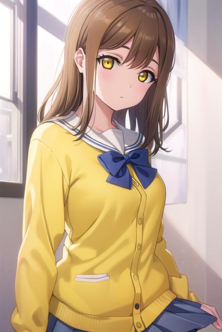 hanamarukunikida, <lora:hanamaru kunikida s2-lora-nochekaiser:1>,
hanamaru kunikida, long hair, bangs, brown hair, (yellow eyes:1.3),
BREAK long sleeves, bow, school uniform, serafuku, bowtie, cardigan, uranohoshi school uniform, yellow cardigan,
BREAK indoors, classroom,
BREAK looking at viewer, (cowboy shot:1.5),
BREAK <lyco:GoodHands-beta2:1>, (masterpiece:1.2), best quality, high resolution, unity 8k wallpaper, (illustration:0.8), (beautiful detailed eyes:1.6), extremely detailed face, perfect lighting, extremely detailed CG, (perfect hands, perfect anatomy),