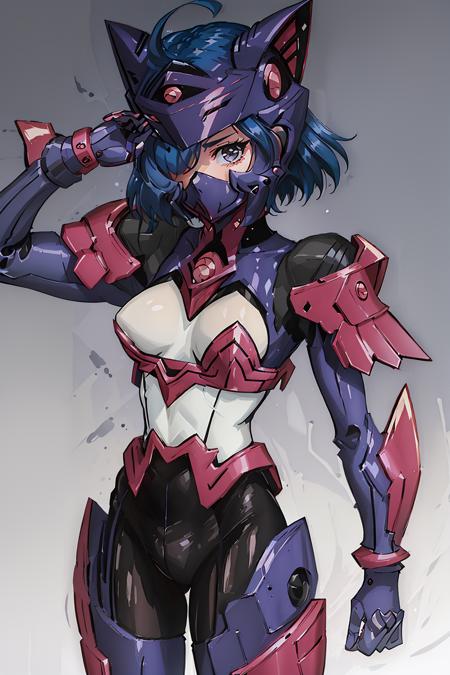 srw_emi mask, body suit, hair over one eye, short hair, brown eyes