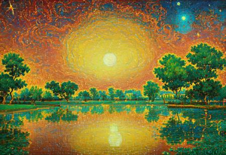 radar very visible implanted on painting, Shinto phoneline to kami via chip, The Hague on fire, fire at a big distance visible, cosmic connections, flames, dark evening, green wetlands in front of cityscape, cityscape, distant city, helicopter in air, hallucination, hallucinatory, distorted view, ice cold stars in a vortex, psychedelic, psychosis, visionary, vision, depth, smooth oil painting, yellow bright halo, after Landscape at Sunset 
by Vincent van Gogh, reflection, mirroring, streams of gold, very colorful, splendid, luminous, luminosity, mesmerizing art, extremely bright colors, sharp contrasts, aureolin, cafe noir, coffee brown, crimson red, lapis lazuli blue streams of water, schizoanalytic cartography, Amanda Sage style, pureerosface_v1, FixedStars, AH_Signac