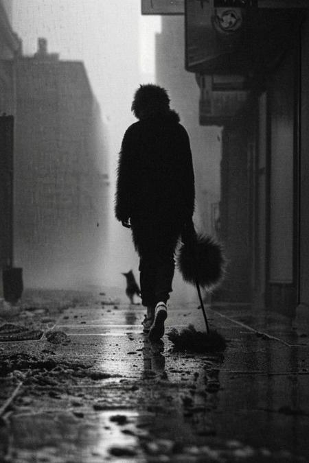 a black and white homeless little kitten, sad, (dirty on fur:1.4), (disheveled fluffy fur:1.3), walking down the street, (paving slabs:0.5), (simple background:1.4), man legs, sole of the shoe, running ago, rain, (in the style of an Jeremy Mann:1.4),