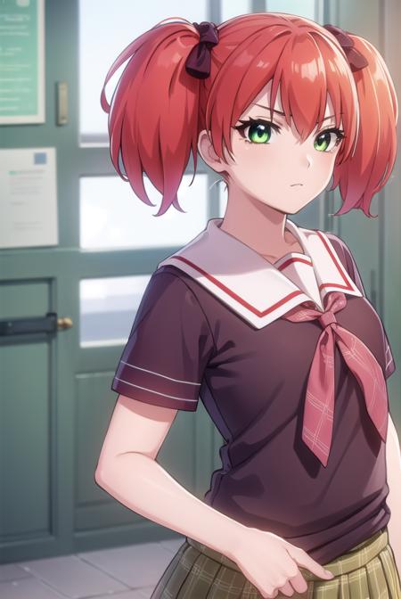 kokoashuzen, <lora:kokoa shuzen s2-lora-nochekaiser:1>,
kokoa shuzen, twintails, (green eyes:1.5), red hair, hair bow, short hair,
BREAK skirt, thighhighs, school uniform, black thighhighs, plaid, serafuku, red shirt, short sleeves, 
BREAK indoors, classroom,
BREAK looking at viewer, (cowboy shot:1.5),
BREAK <lyco:GoodHands-beta2:1>, (masterpiece:1.2), best quality, high resolution, unity 8k wallpaper, (illustration:0.8), (beautiful detailed eyes:1.6), extremely detailed face, perfect lighting, extremely detailed CG, (perfect hands, perfect anatomy),