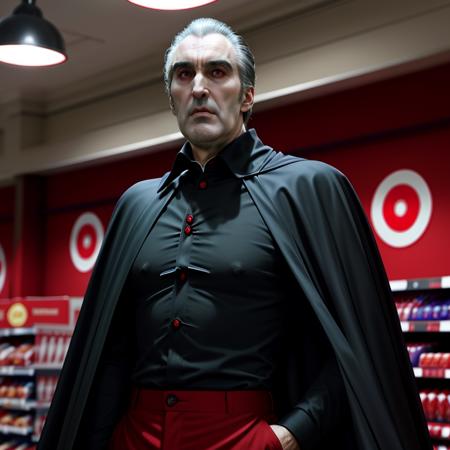 RAW photo, candid, ChristopherLee_Dracula, working, black cape with red lining, red polo shirt, khakis:1.1, dramatic lighting, indoors, Target retail store, night, vampire, red eyes, fangs, scary, intimidating <lora:ChristopherLee_Dracula_v1:0.9> <lora:XenoDetailer_v2:0.5>