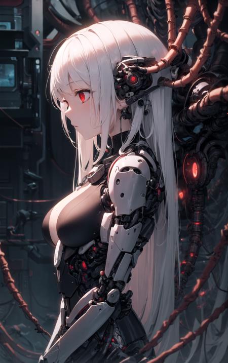 masterpiece, best quality, 1girl, detailed, from side, cinematic, mechanical, machine made joints, machanical limbs, tubes, expressionless, wire, cable, science fiction, long hair, red eyes, white hair, upper body, fog,