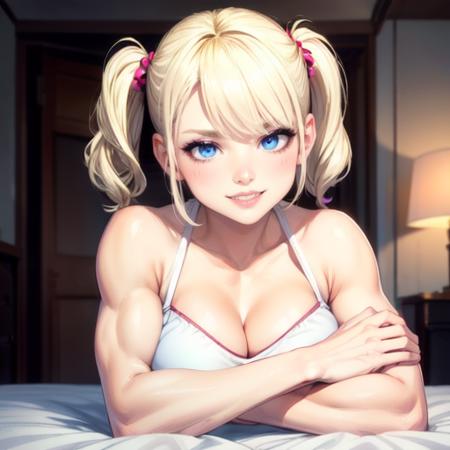 <lora:add_detail:1>, masterpiece, best quality, realistic, photorealistic, masterpiece, best quality, high quality, detail, highres, absurdres, muscular biceps, ((((short blonde hair)))), Blue Eyes, ((shoulder length side pigtails)), C-cup breasts, white and red cheerleader outfit, (((((solo))))), (((((SFW))))), (((smug grin))), ((in shot)), laying down, on bed.