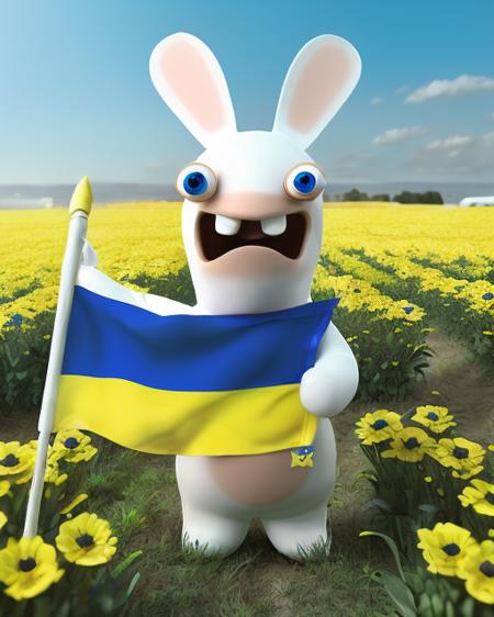 (holding the flag of Ukraine in hands:1.3), (rabbit ears, standing, yell, screaming, full body, :1.2), wheat field in the background, <lora:Raving Rabbids:1> Raving Rabbids, no human, (foggy background, epic realistic, rutkowski, hdr, intricate details, hyperdetailed, cinematic, rim light, muted colors:1.2), faded, depth of field, complex background, dramatic light